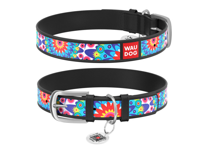 Нашийник для собак шкіряний WAUDOG Design з QR паспортом "Квіти", чорний