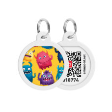 Адресник для собак и котов металлический WAUDOG Smart ID c QR паспортом "Мохнатые монстры" круг