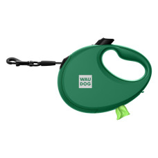 Поводок-рулетка для собак WAUDOG R-leash с контейнером для пакетов, светоотражающая лента, зеленый