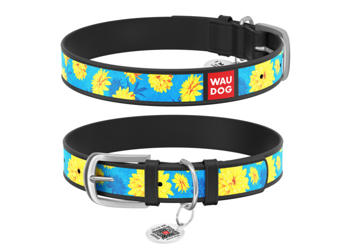 Нашийник WAUDOG Design "Квіти на блакитному", чорний