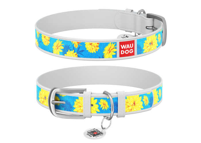 Нашийник WAUDOG Design "Квіти на блакитному", білий