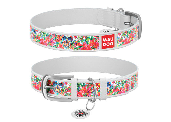 Нашийник WAUDOG Design "Черепа в квітах", білий