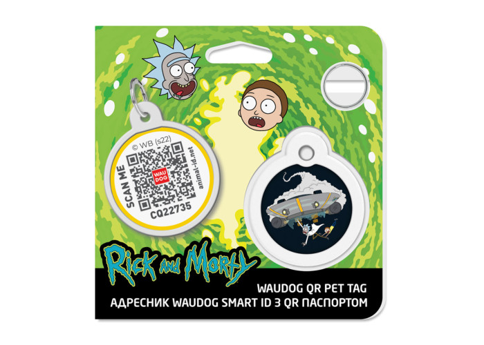 Адресник для собак и котов металлический WAUDOG Smart ID c QR паспортом "Рик и Морти 1" круг